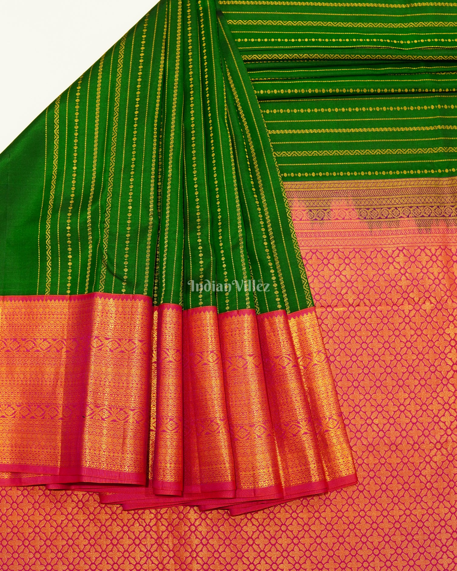 Green Golden Striped Body Work Pure Kanjivaram Silk Saree