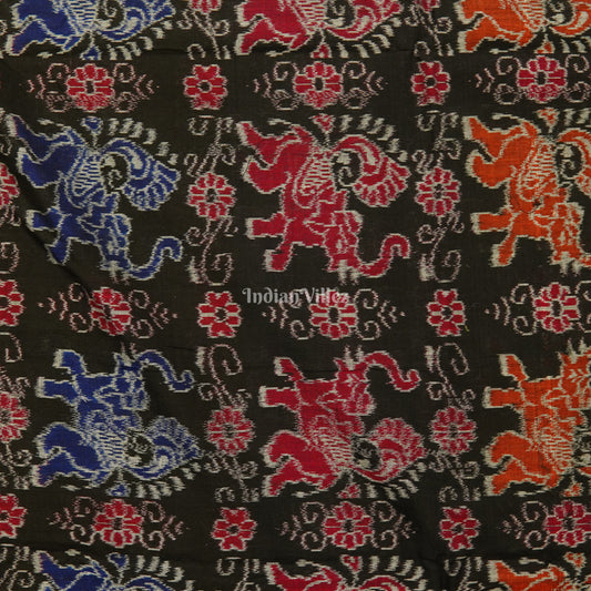 Black Elephant Theme Sambalpuri Ikat Cotton Fabric 