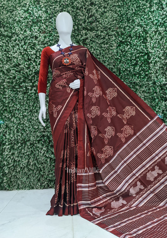 Maroon with Fish Motif Theme Odisha Ikat Contemporary Silk Saree