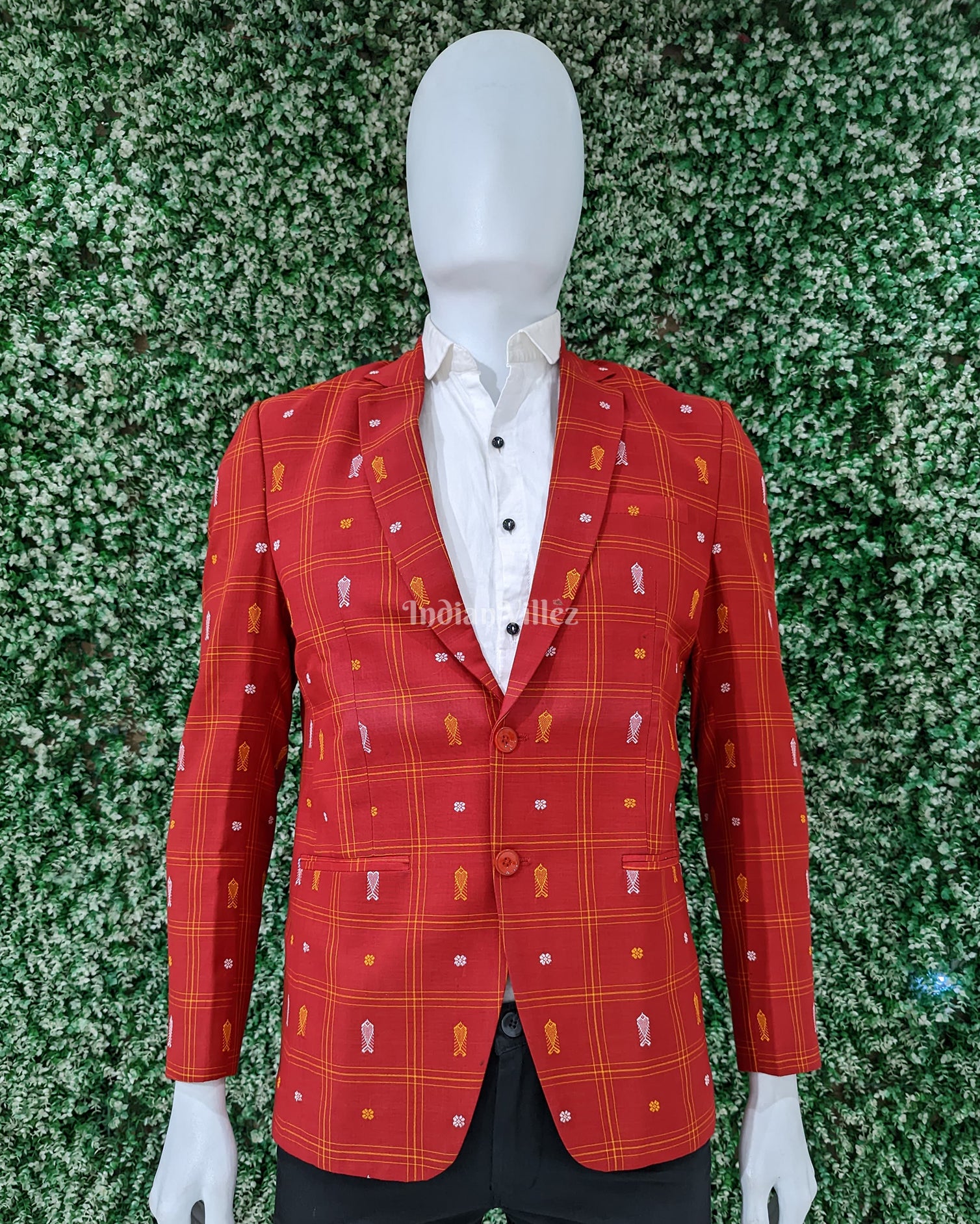 Red Fish Butta Motif Bomkai Odisha Ikat Men's Designer Blazer