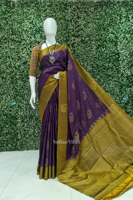 Blackberry With Mehendi Green Pure Kanjivaram Soft Silk Saree