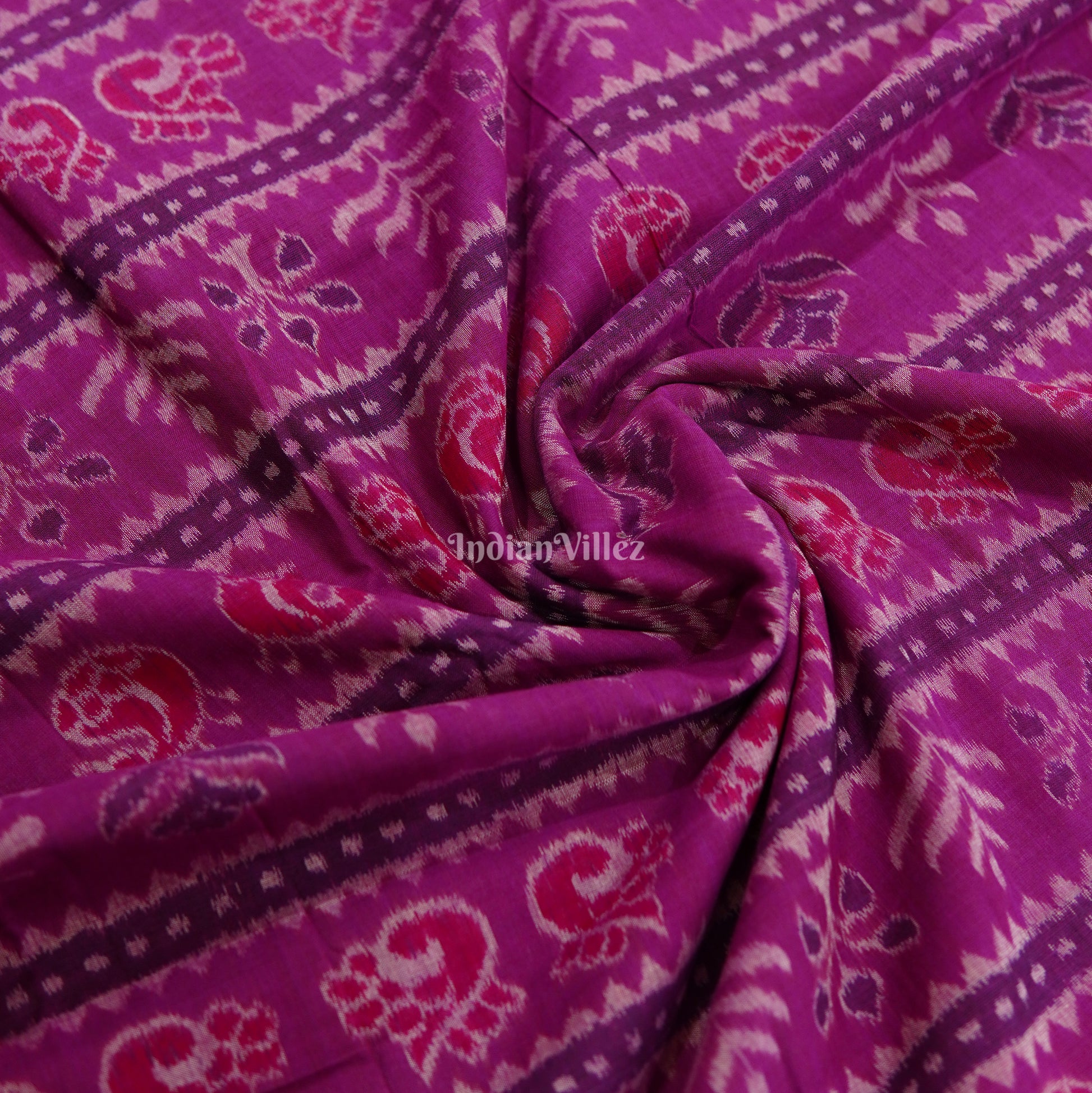 Deep Pink Floral Theme Cotton Ikat Handloom Fabric