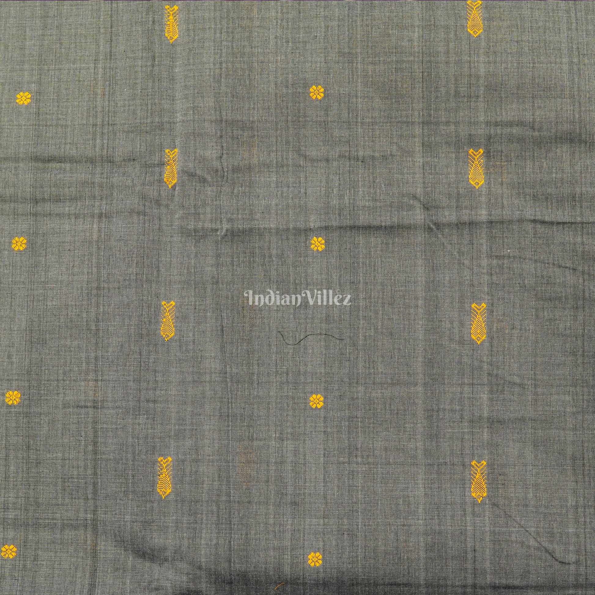 Dark Grey Fish & Flower Motif Bomkai Cotton Fabric