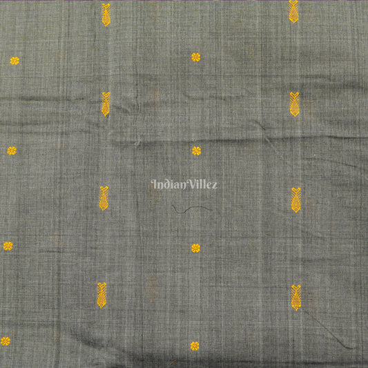 Dark Grey Fish & Flower Motif Bomkai Cotton Fabric