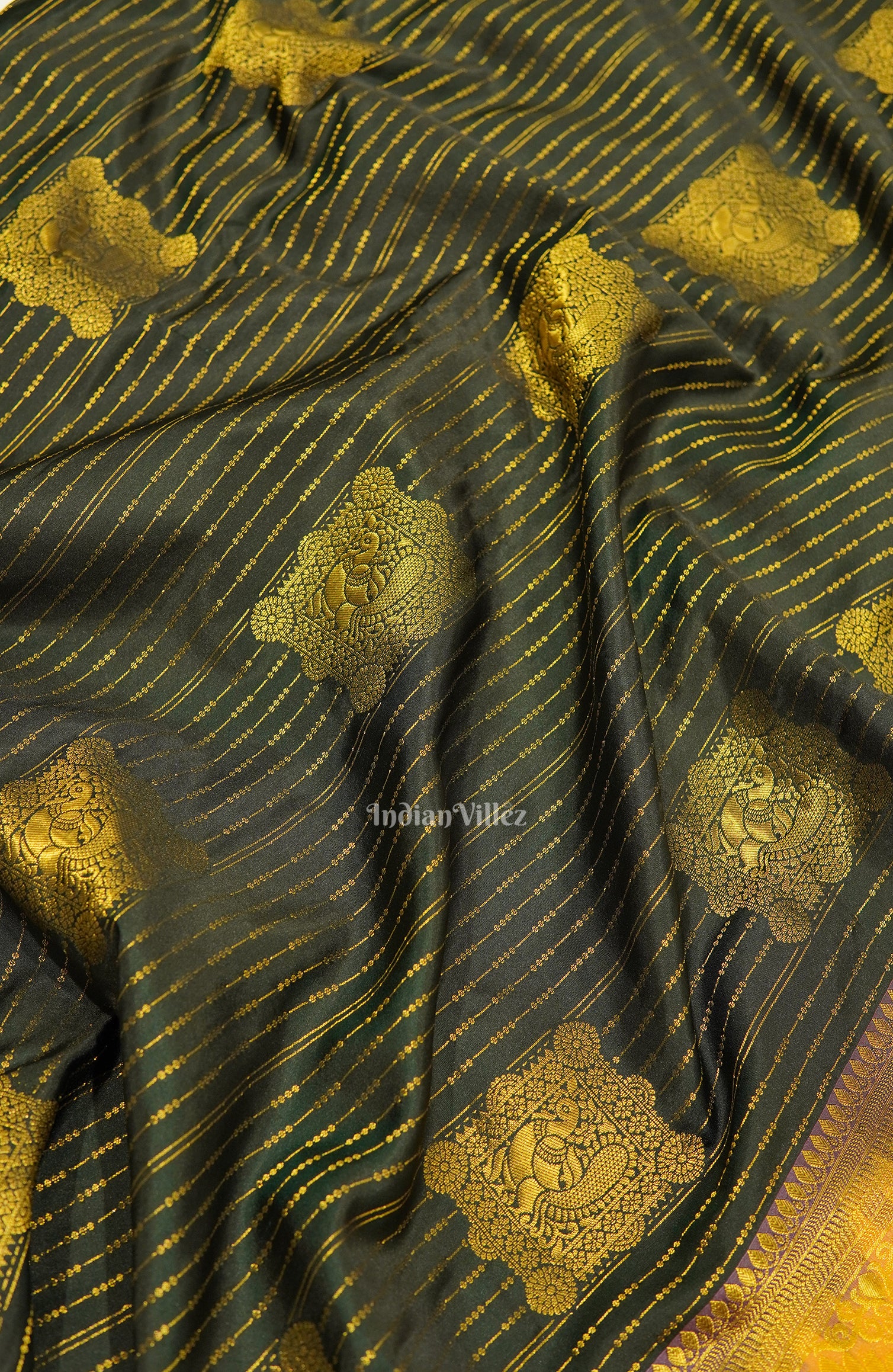 Black Golden  Striped Body Work Pure Kanjivaram Silk Saree