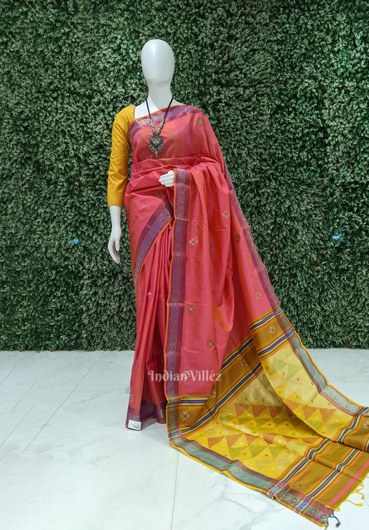 Rani Pink With Golden Yellow Pure Bishnupuri Silk Saree