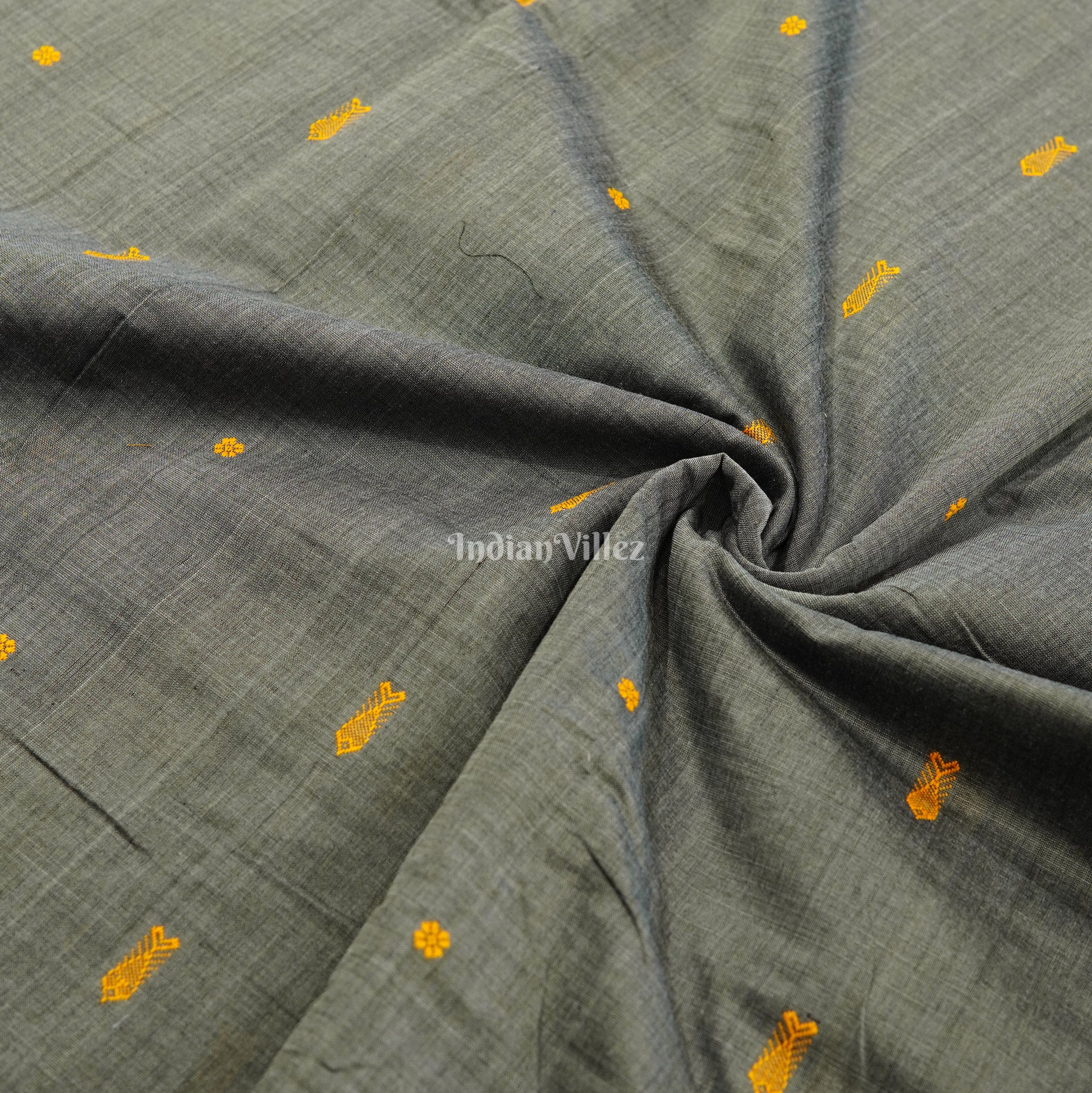 Dark Grey Fish & Flower Motif Bomkai Cotton Fabric