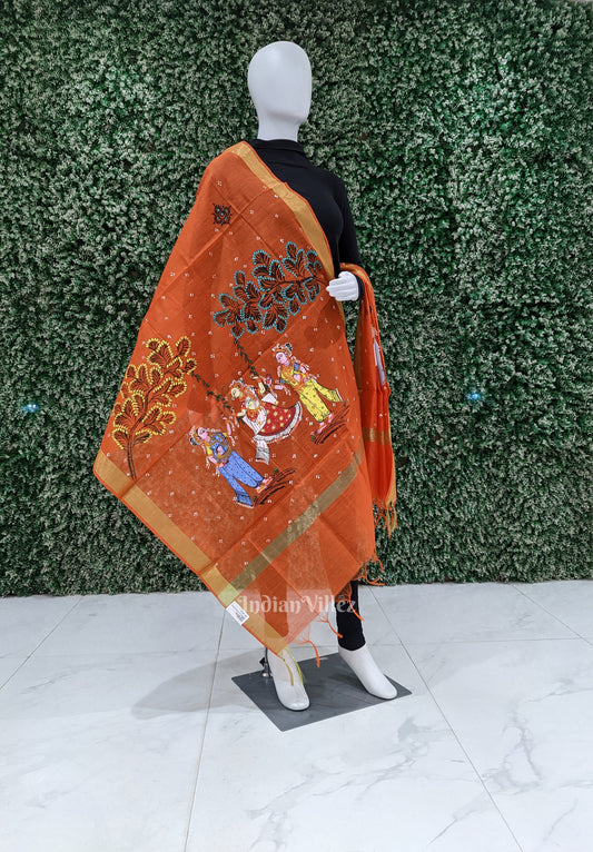 Orange Rajo Theme Patachitra Chanderi Dupatta