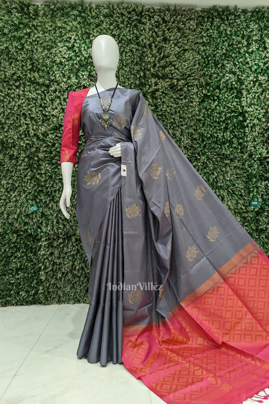 Grey With Rani Pink Pure Kanjivaram Soft Silk Saree