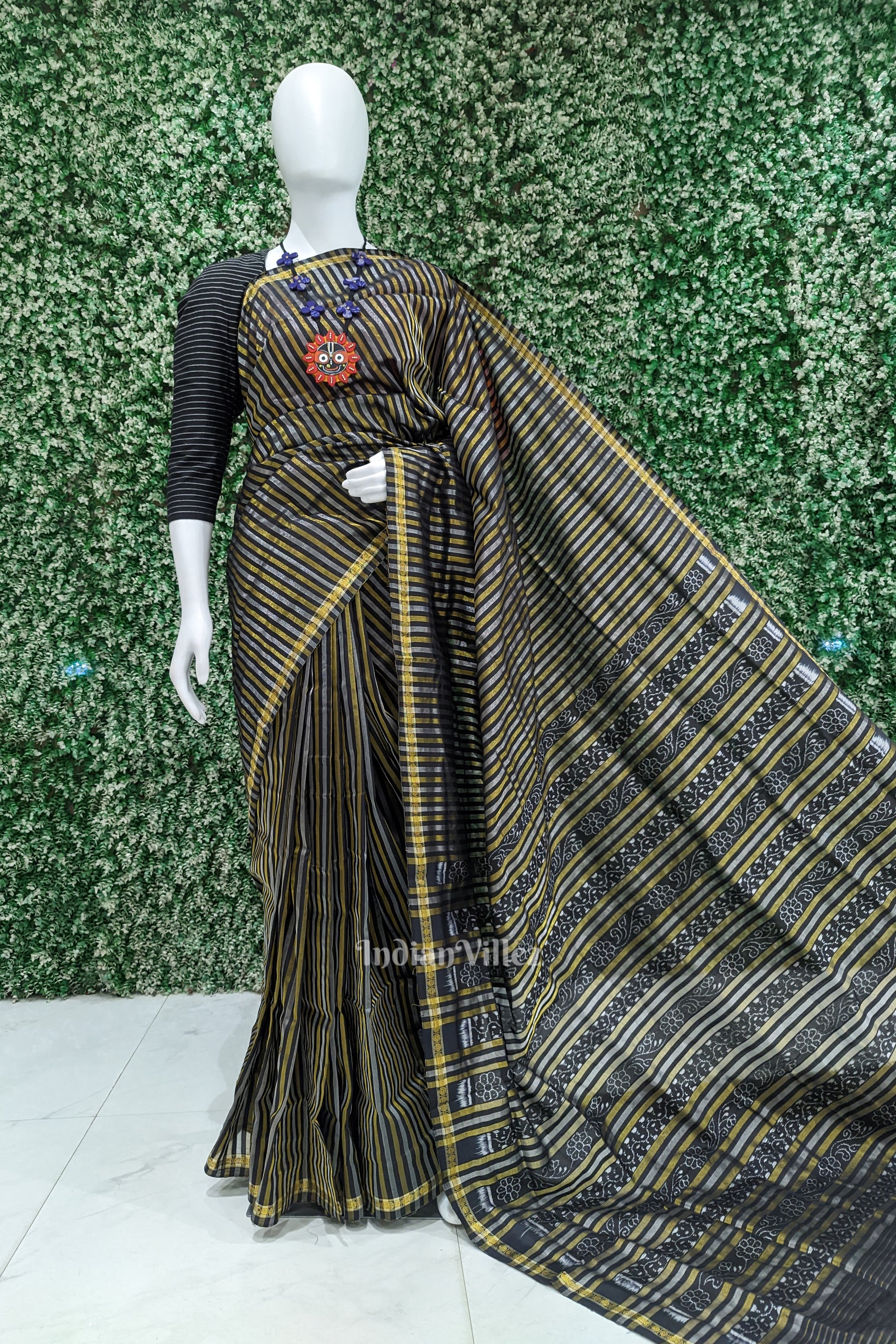 Black Stripped Bomkai Sambalpuri Ikat Tissue Saree