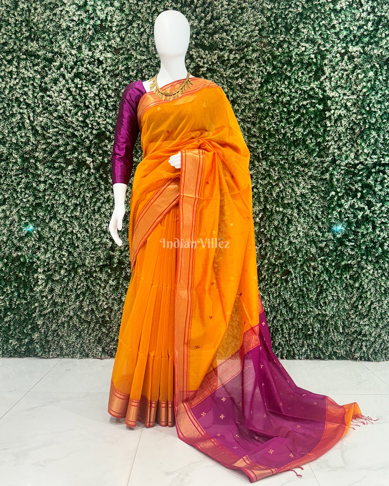 Yellow Violet Butta Design Maheshwari Handloom Cotton*Silk Saree