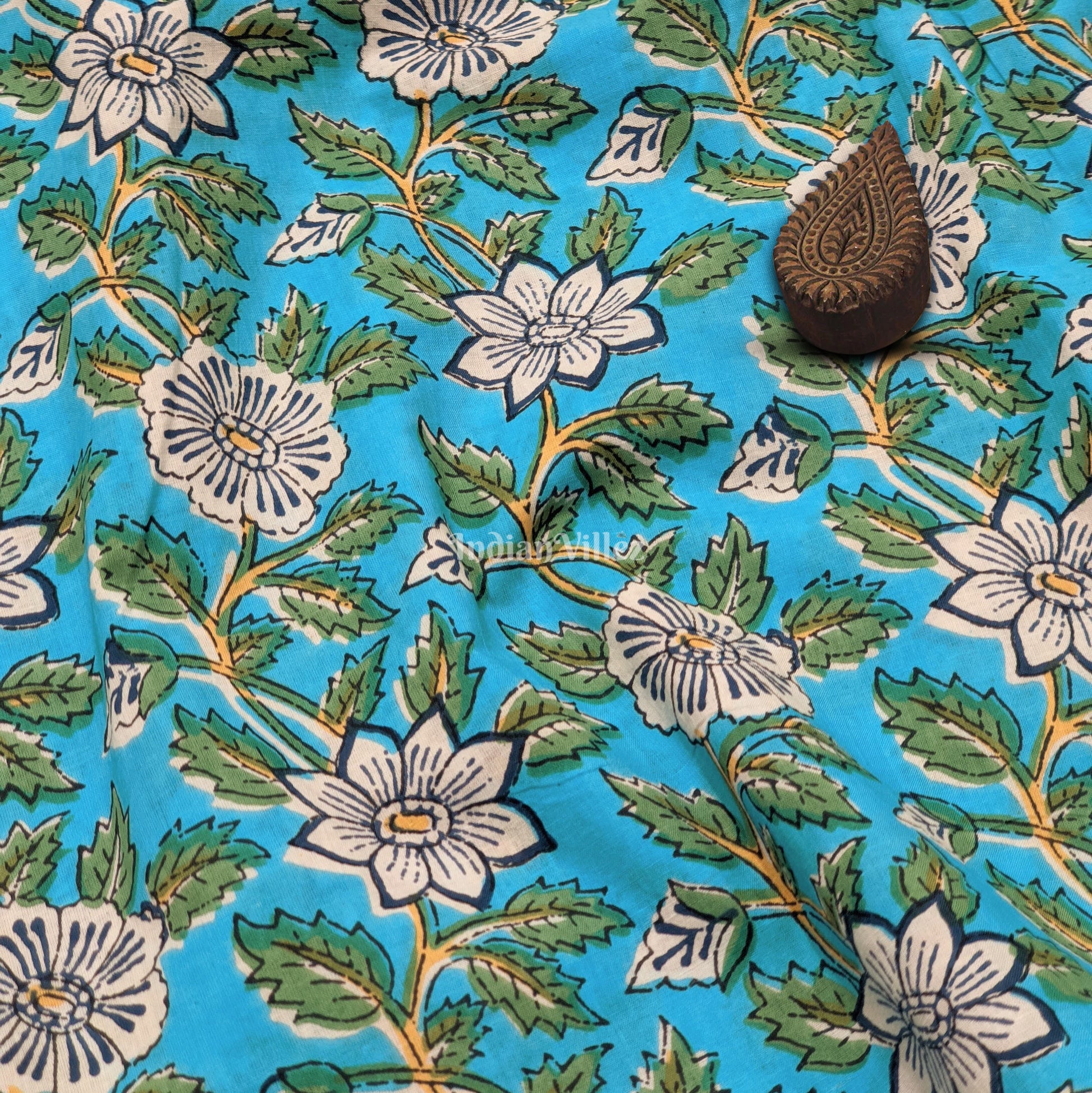 Copper Sulphate Floral Hand Block Printed Cotton Fabric