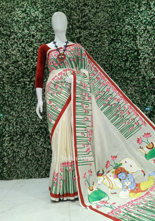 Off White Pichwai Pattachitra Silk Saree