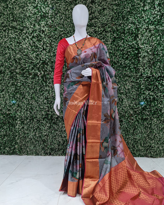 Grey Pink Floral Digital Print Kanjivaram Silk Saree