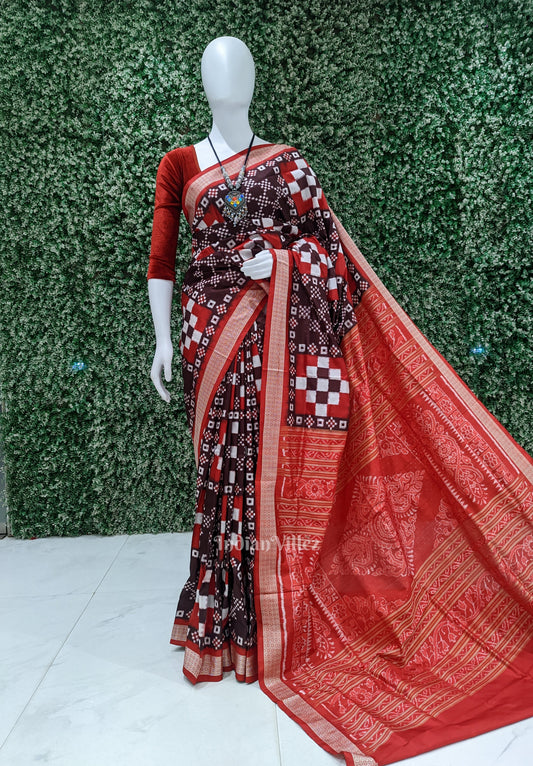 Red & Coffee Color Pasapali Theme Sambalpuri Silk Saree