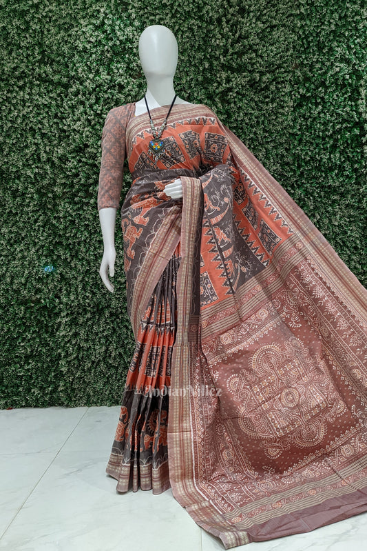 Peach Multicoloured Sambalpuri Ikat Silk Pastel Saree