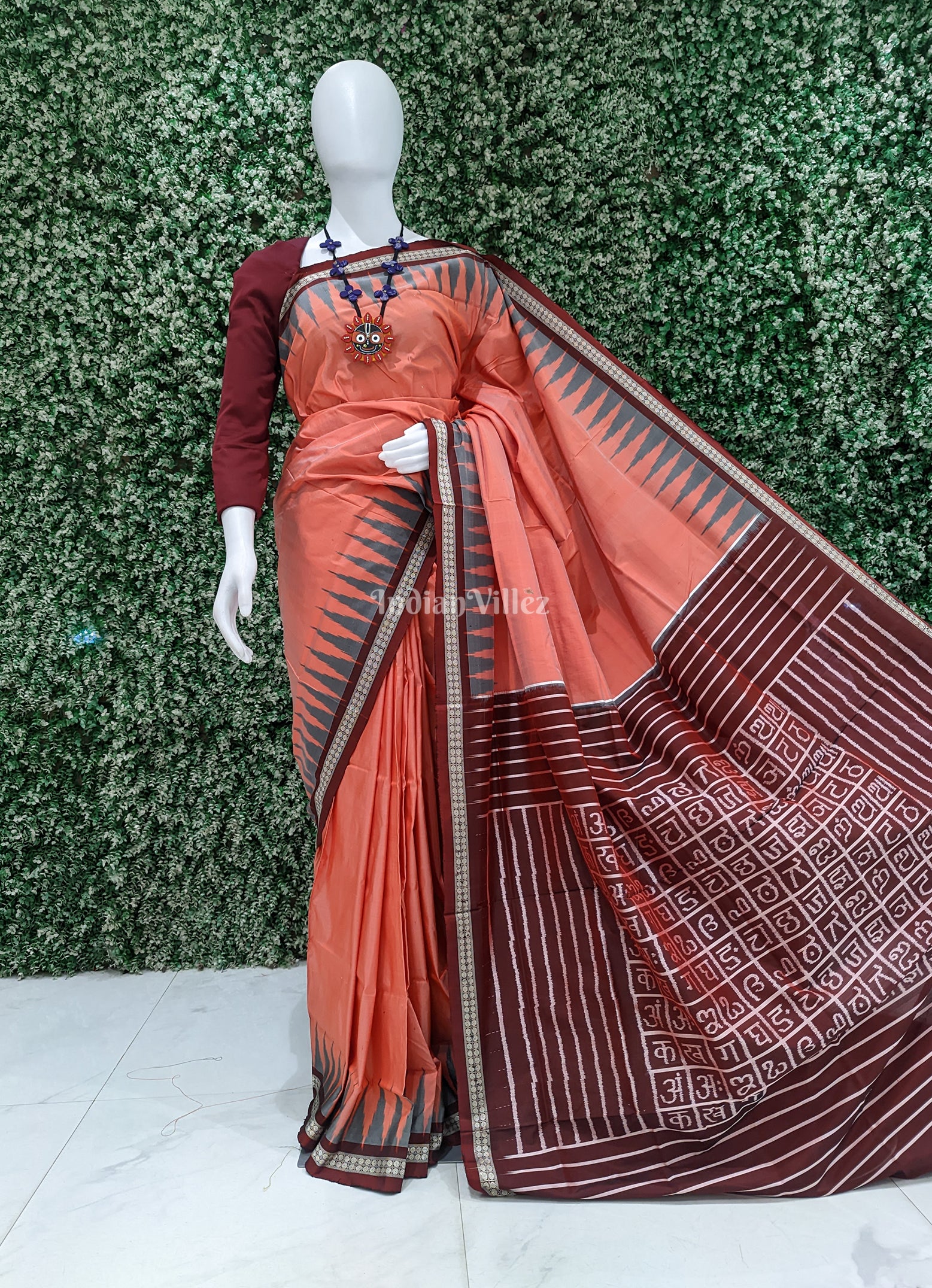 Peach Orange Sambalpuri Bomkai Silk Saree with Varnamala Anchal