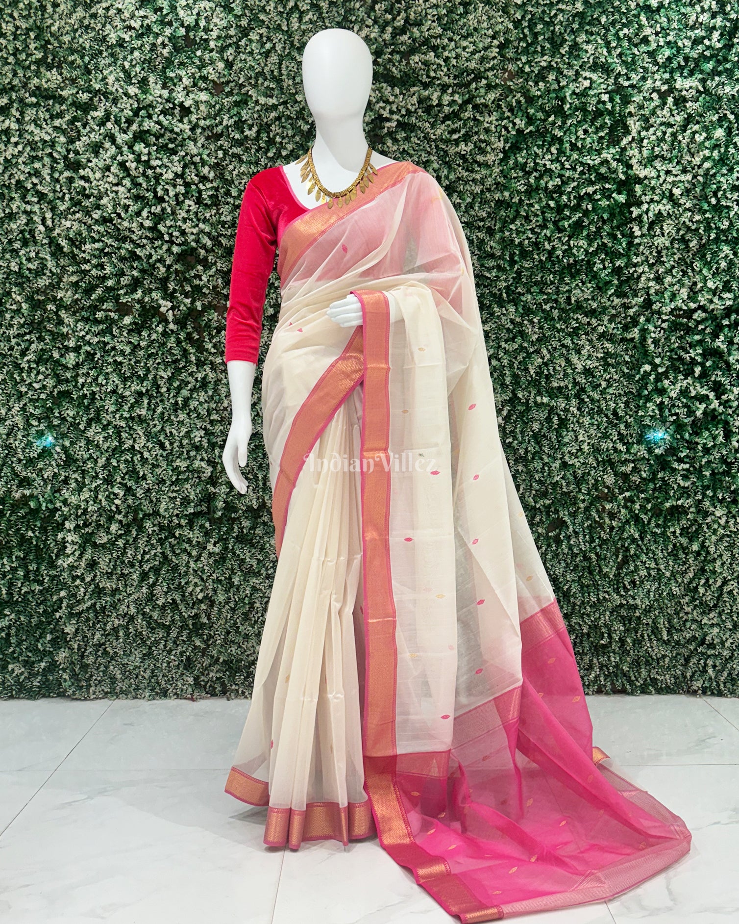 White Pink Butta Design Maheshwari Handloom Cotton*Silk Saree