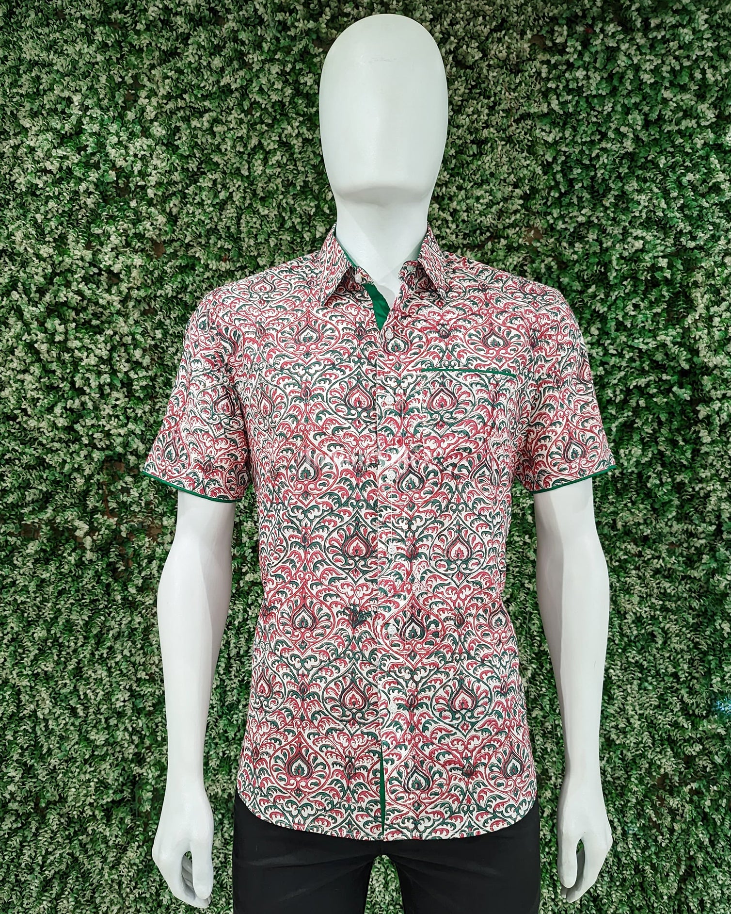 Red Green Design Block Printed Half Sleeve Shirt for Men