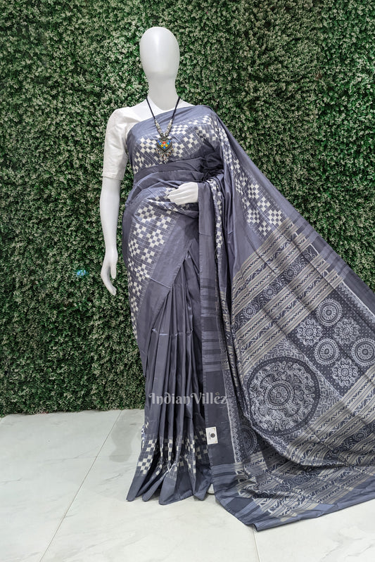 Cement Gray Pasapali Contemporary Sambalpuri Ikat Silk Saree