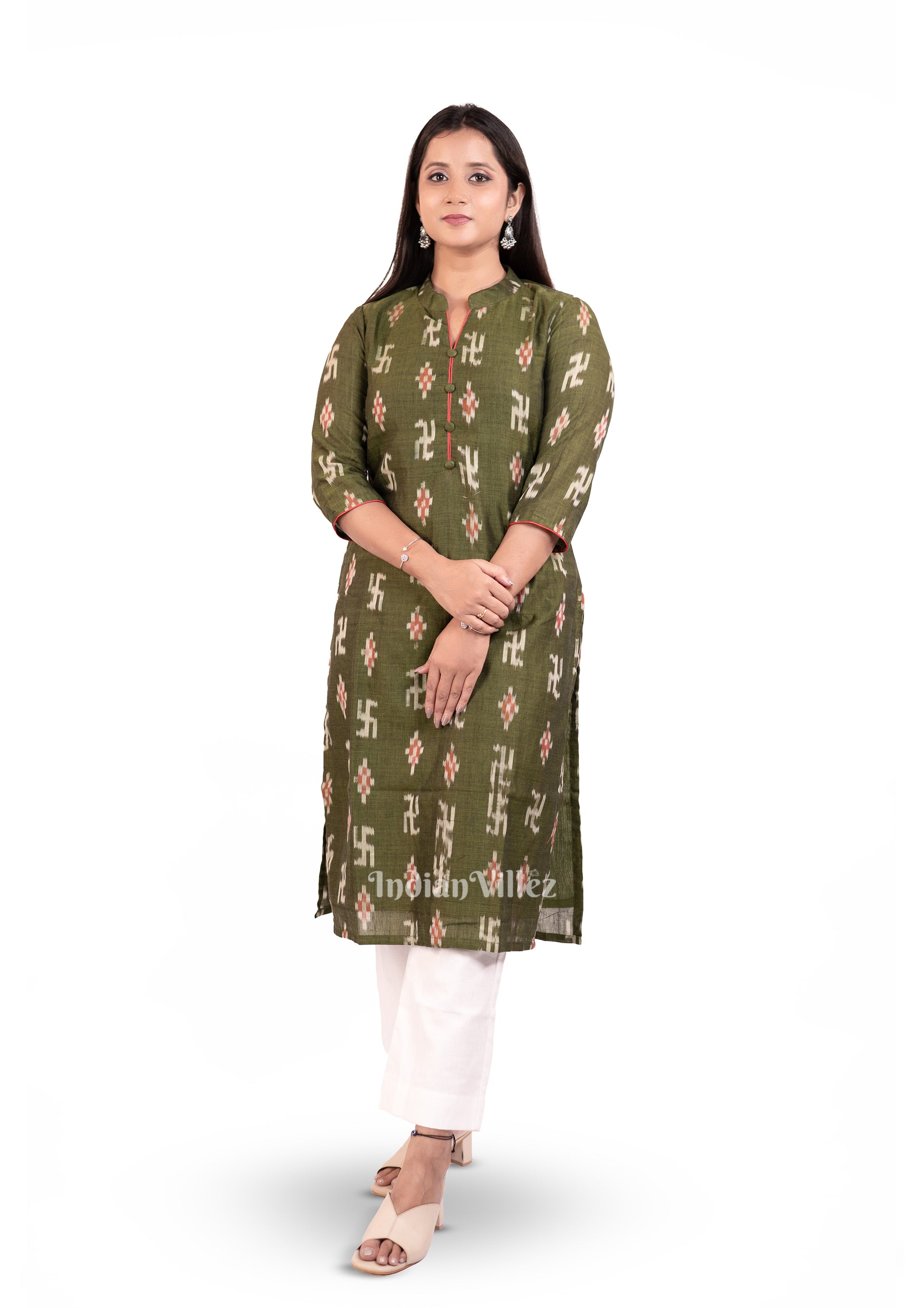 Olive Green Odisha Ikat Designer Cotton Kurti for Women 