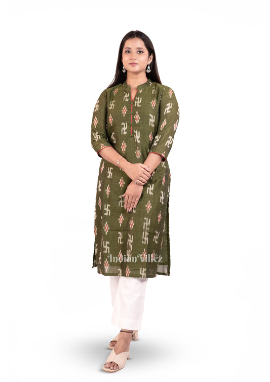 Olive Green Odisha Ikat Designer Cotton Kurti for Women 