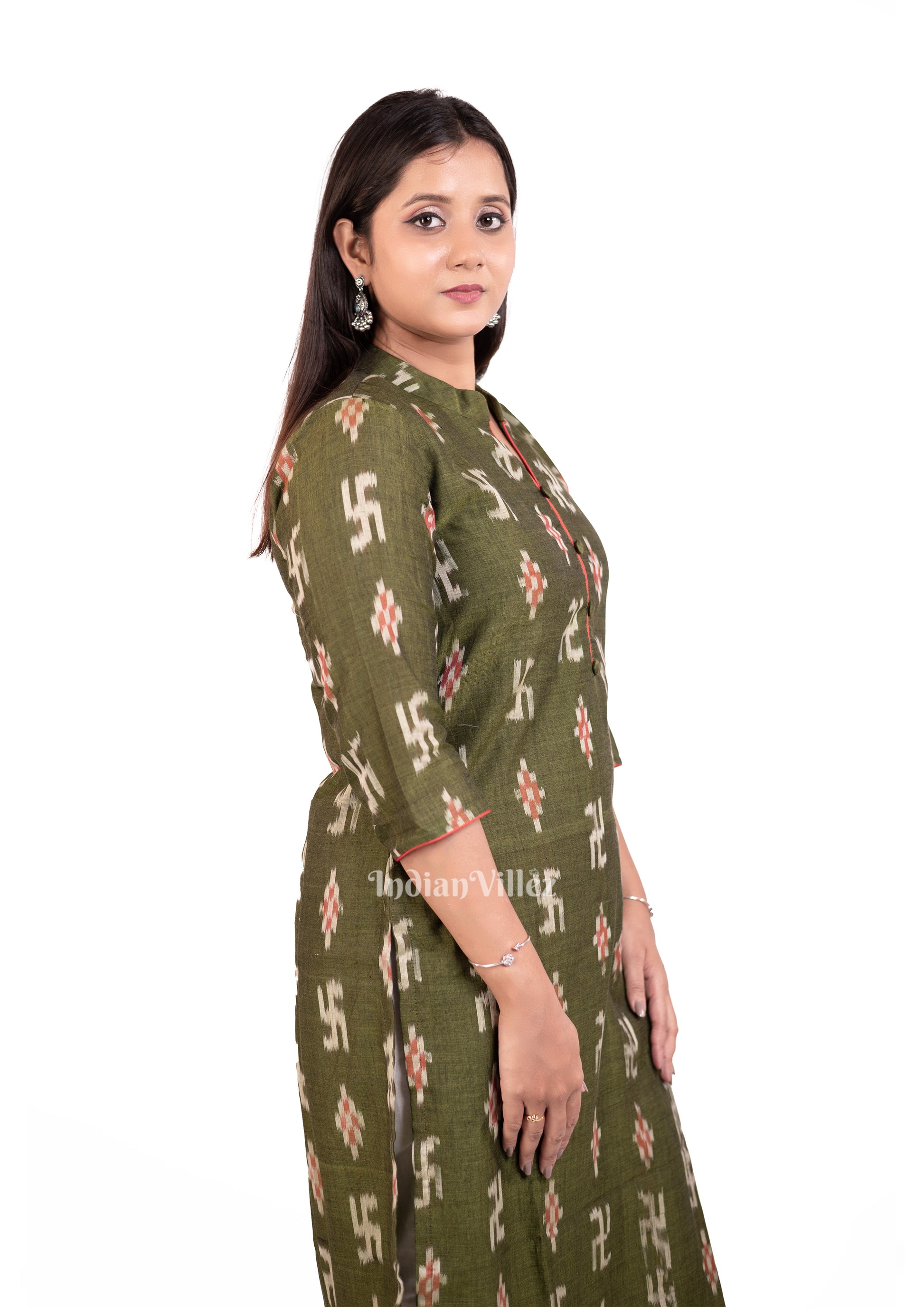 Olive Green Odisha Ikat Designer Cotton Kurti for Women 