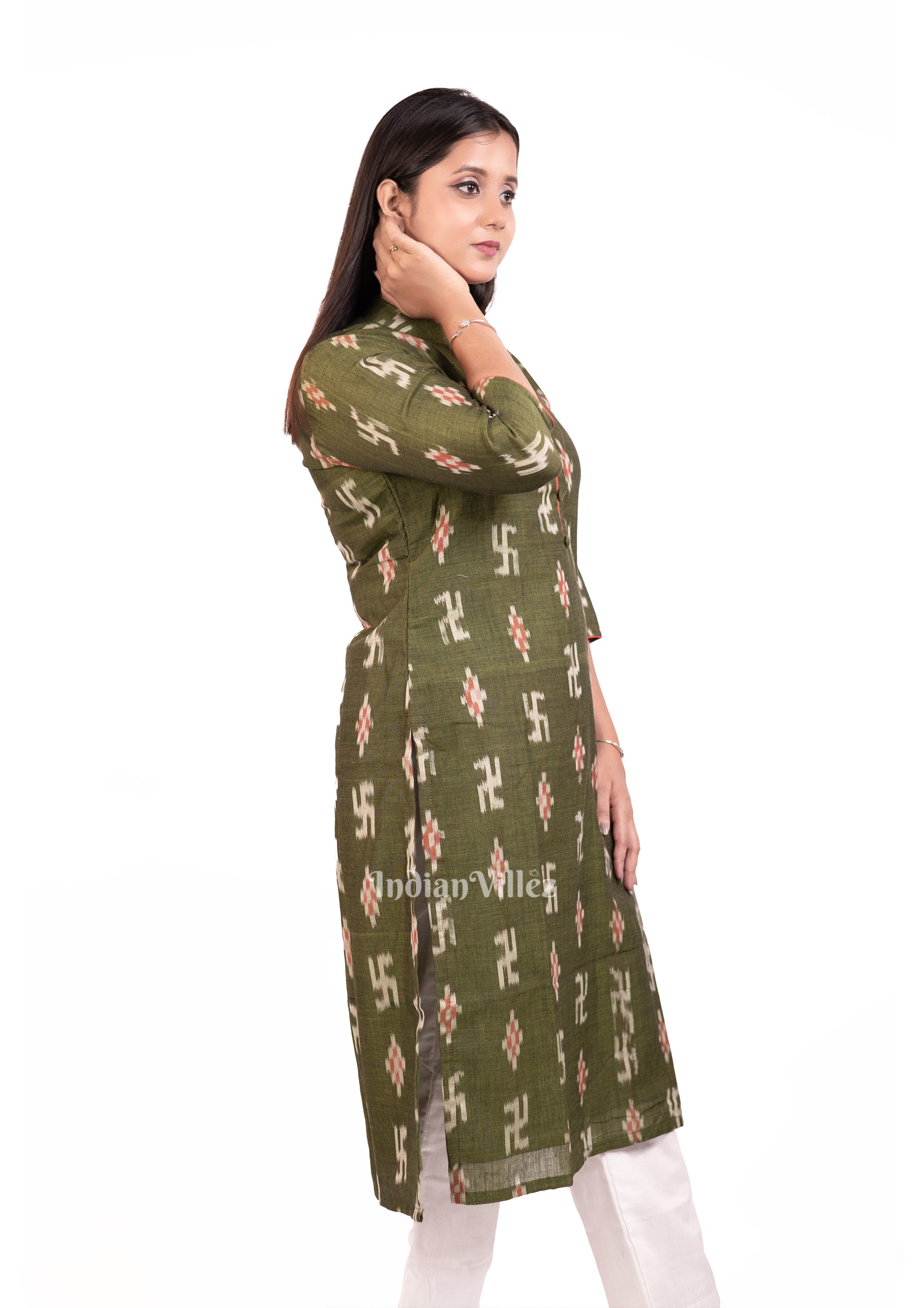 Olive Green Odisha Ikat Designer Cotton Kurti for Women 