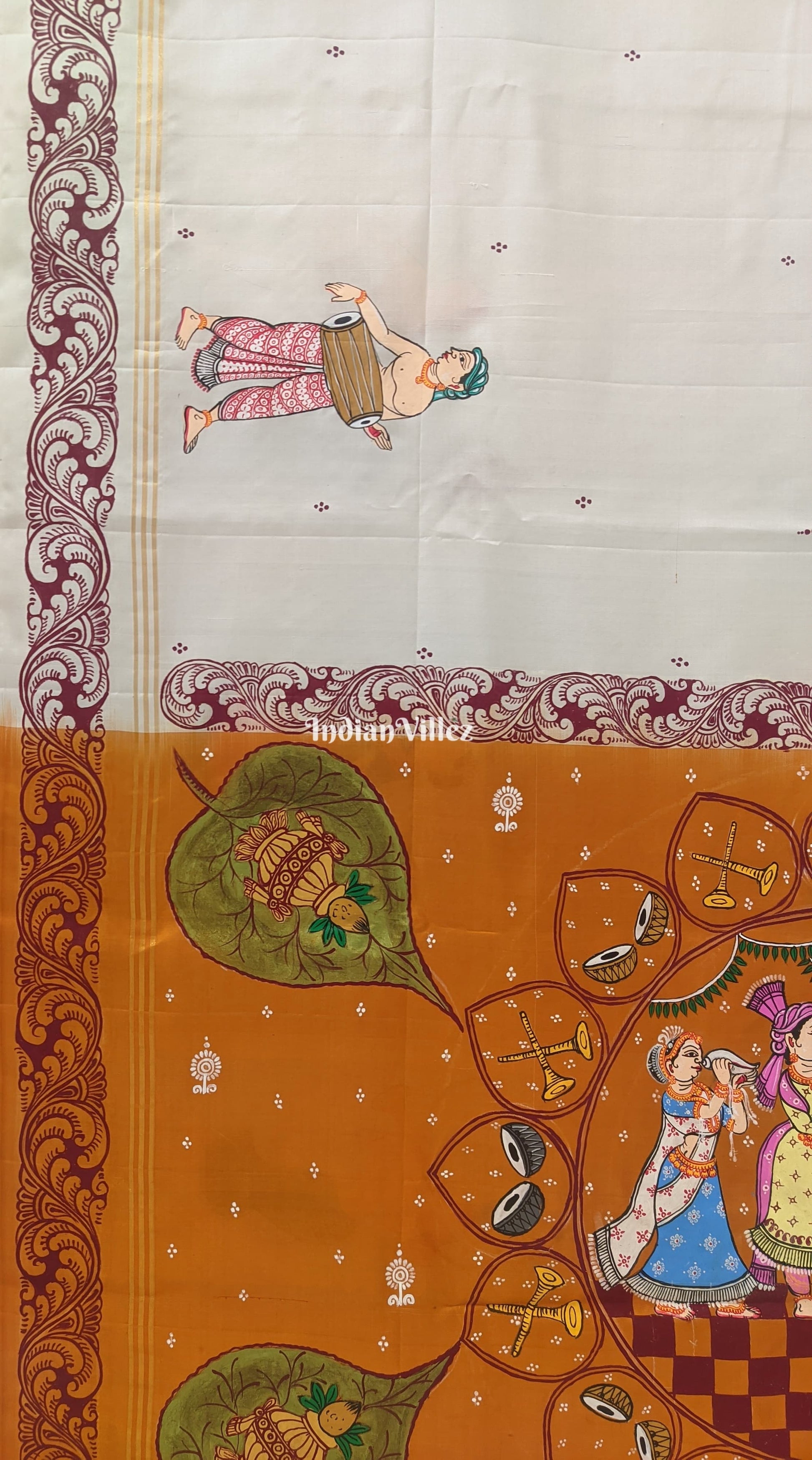 Red Mustard Yellow Marriage Theme Pattachitra Saree