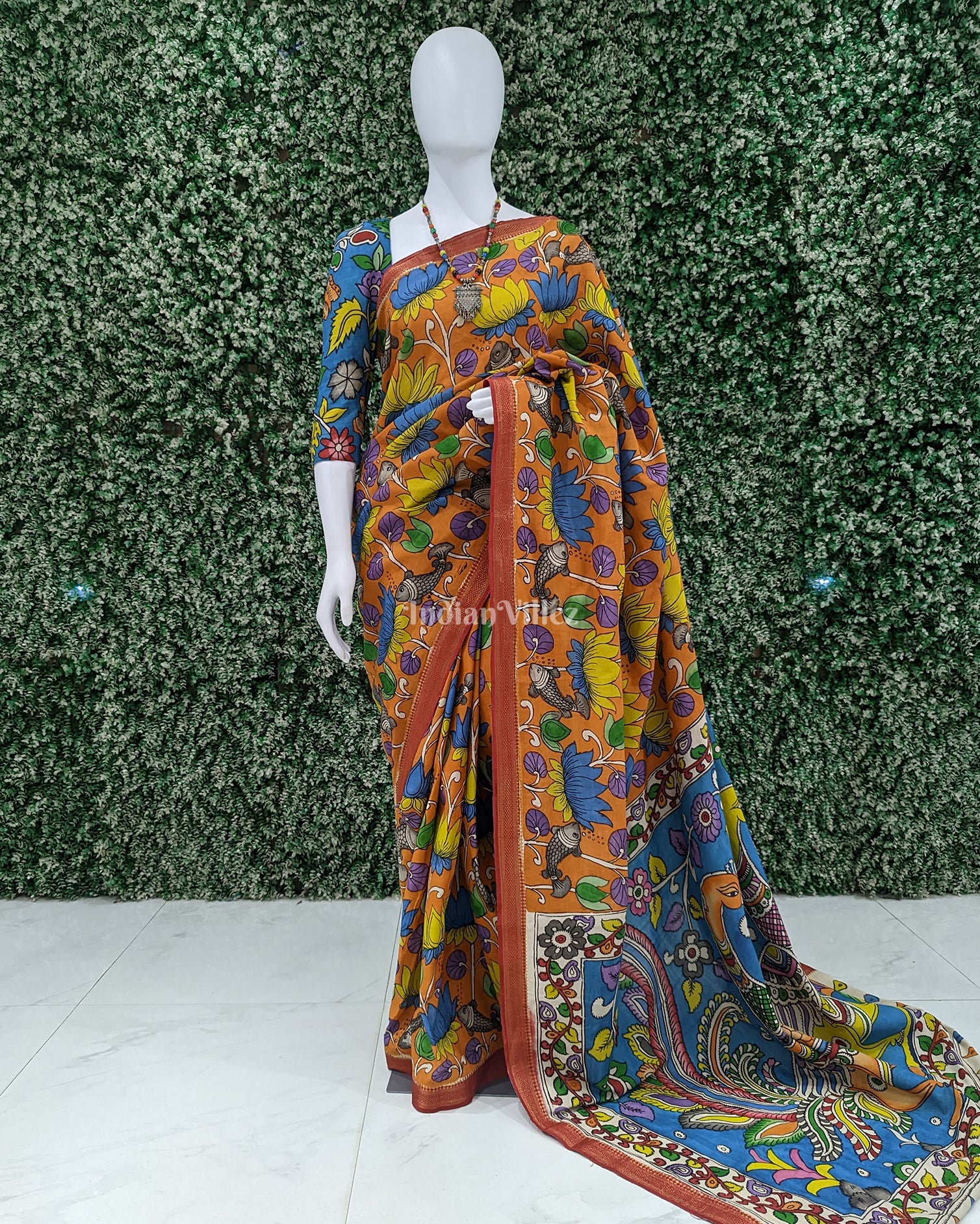 Orange Lotus Fish Hand-Painted Kanjivaram Silk Kalamkari Saree 