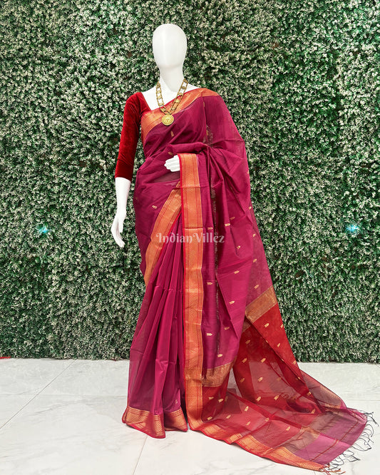 Magenta Butta Design Silk Cotton Maheshwari Saree with Zari Border