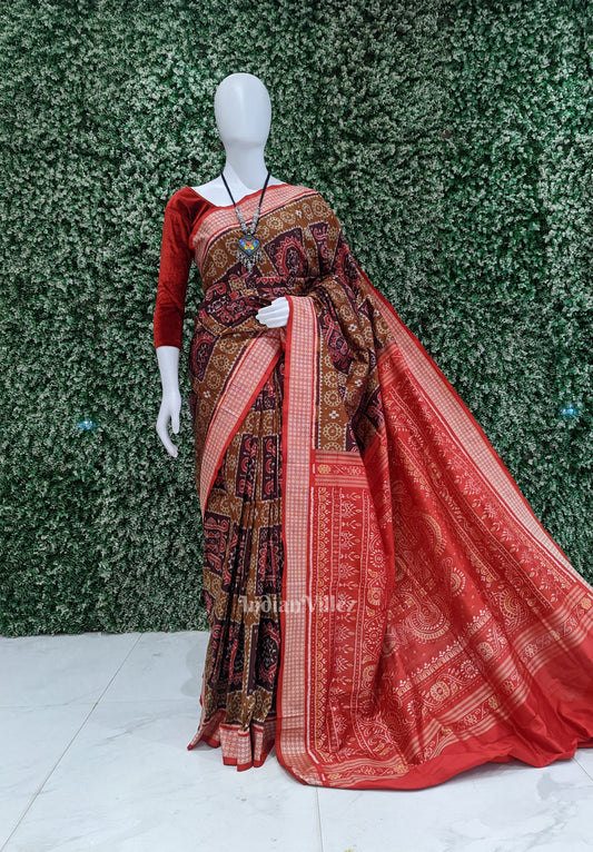 Rust Maroon Odisha Ikat Sambalpuri Silk Saree