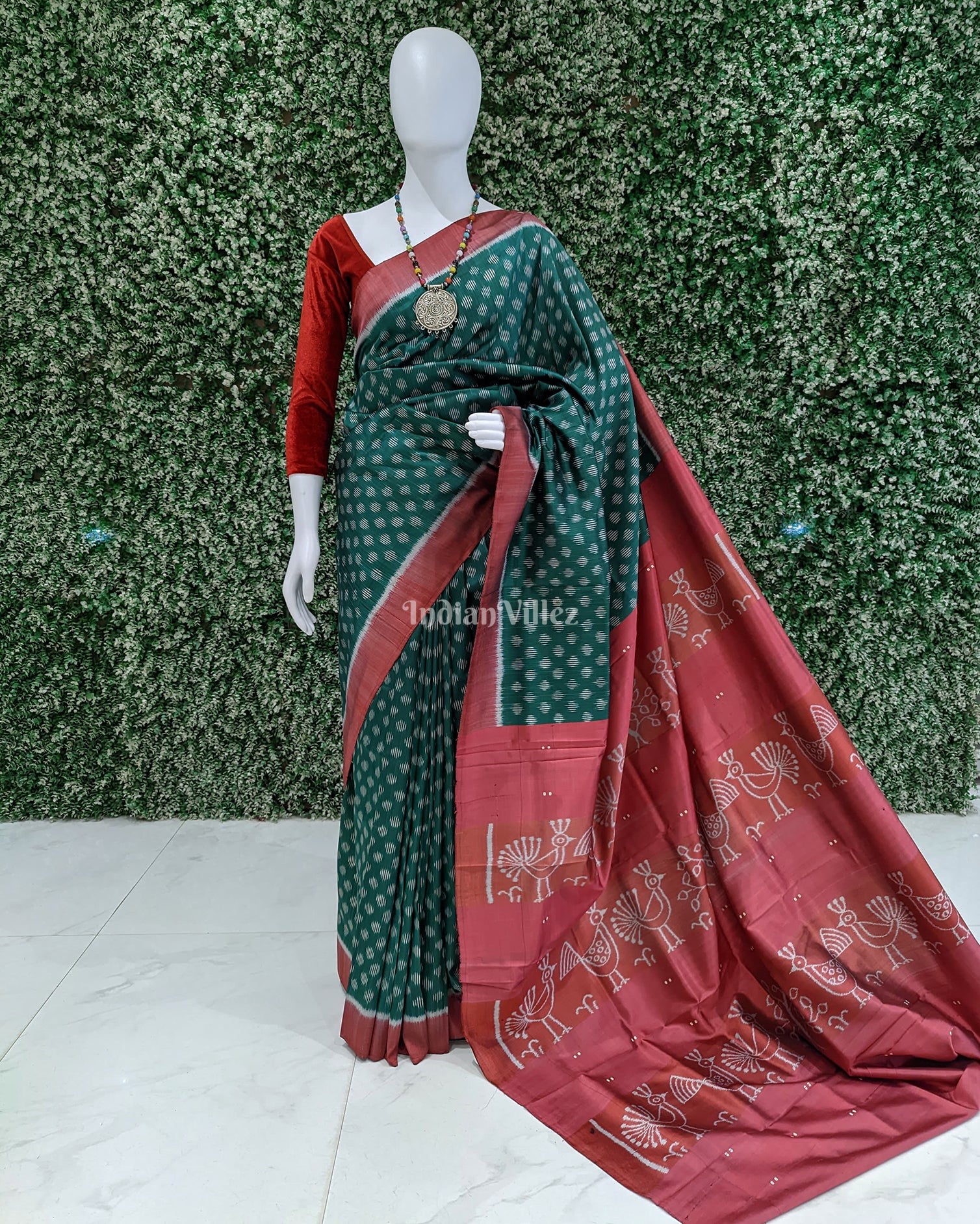 Green Pink Contemporary Odisha Ikat Silk Saree