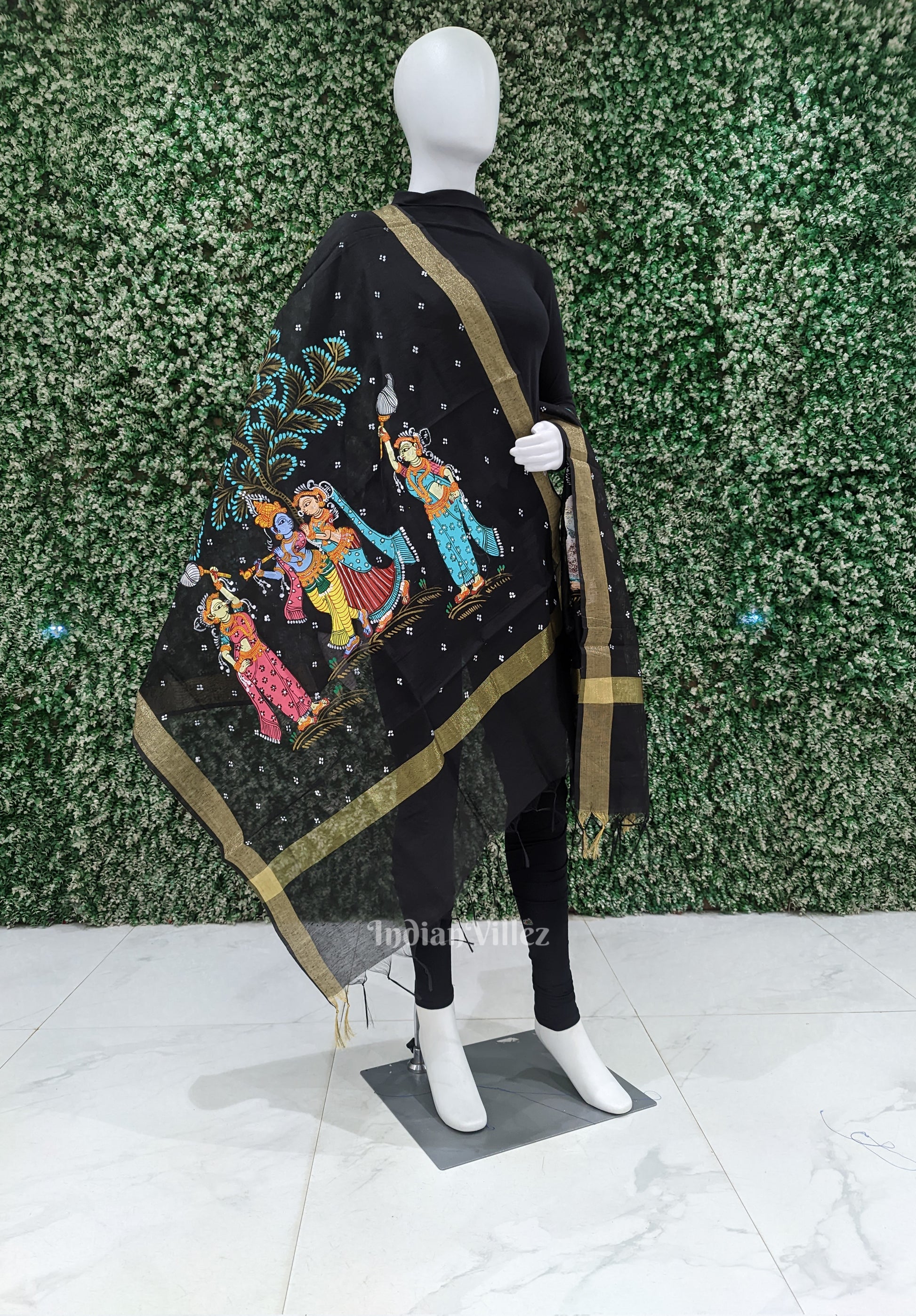 Black Radha Krishna Rasa Pattachitra Chanderi Dupatta