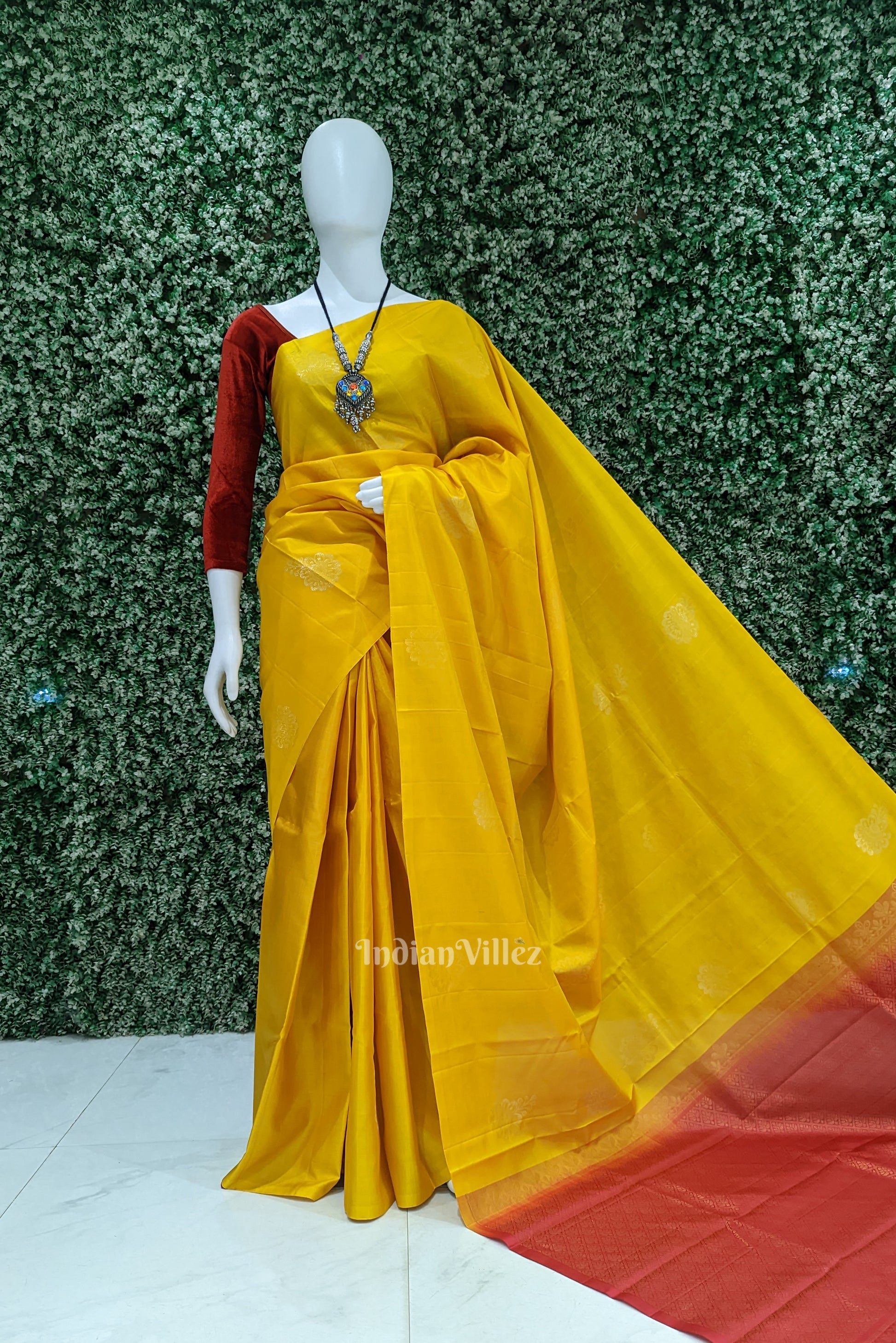 Yellow Red Pure Kanjivaram Soft Silk Saree