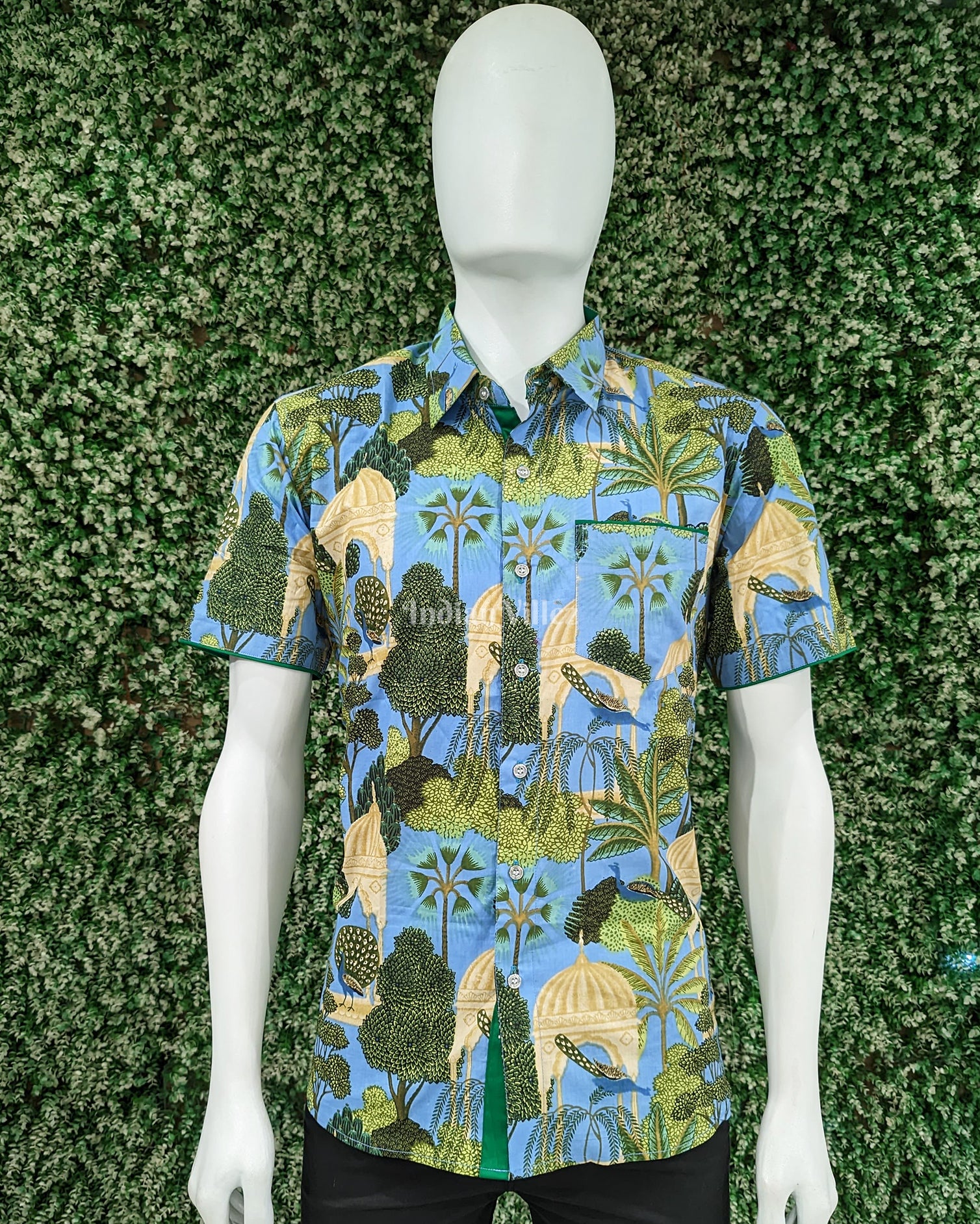 Sky Blue Tree Design Block Printed Half Sleeve Shirt for Men