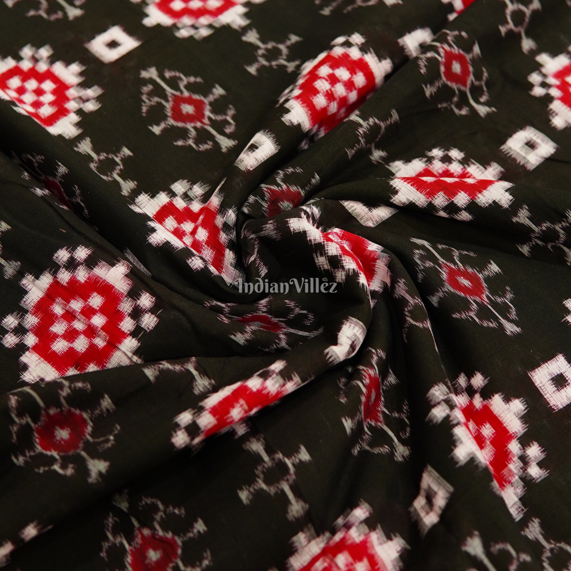 Black With Red  Pasapalli Theme Sambalpuri Cotton Ikat Handloom Fabric