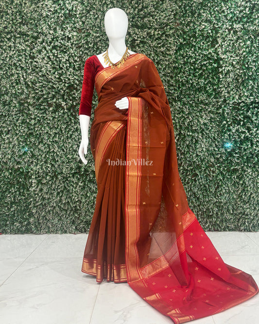 Caramel Butta Design Pure Silk Cotton Maheshwari Saree with Zari Border