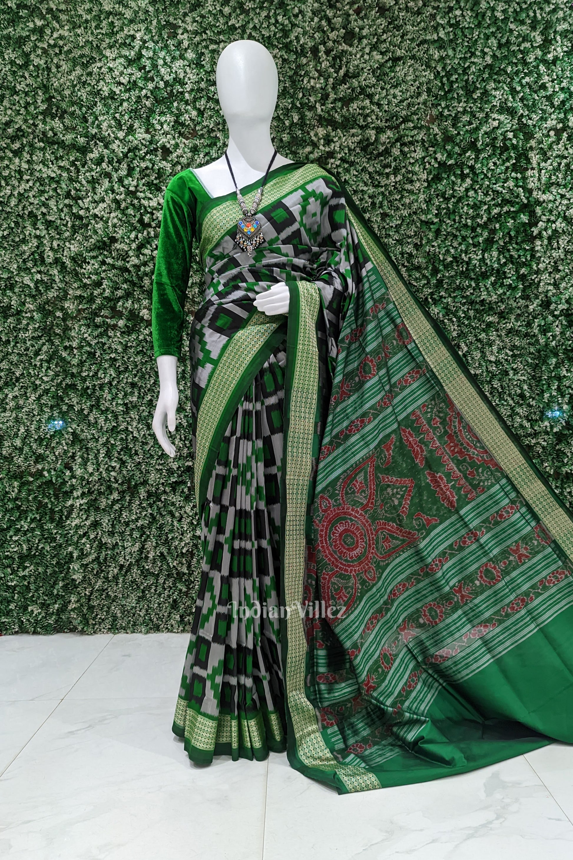 Black Green & Grey Pasapali Sambalpuri Silk Saree