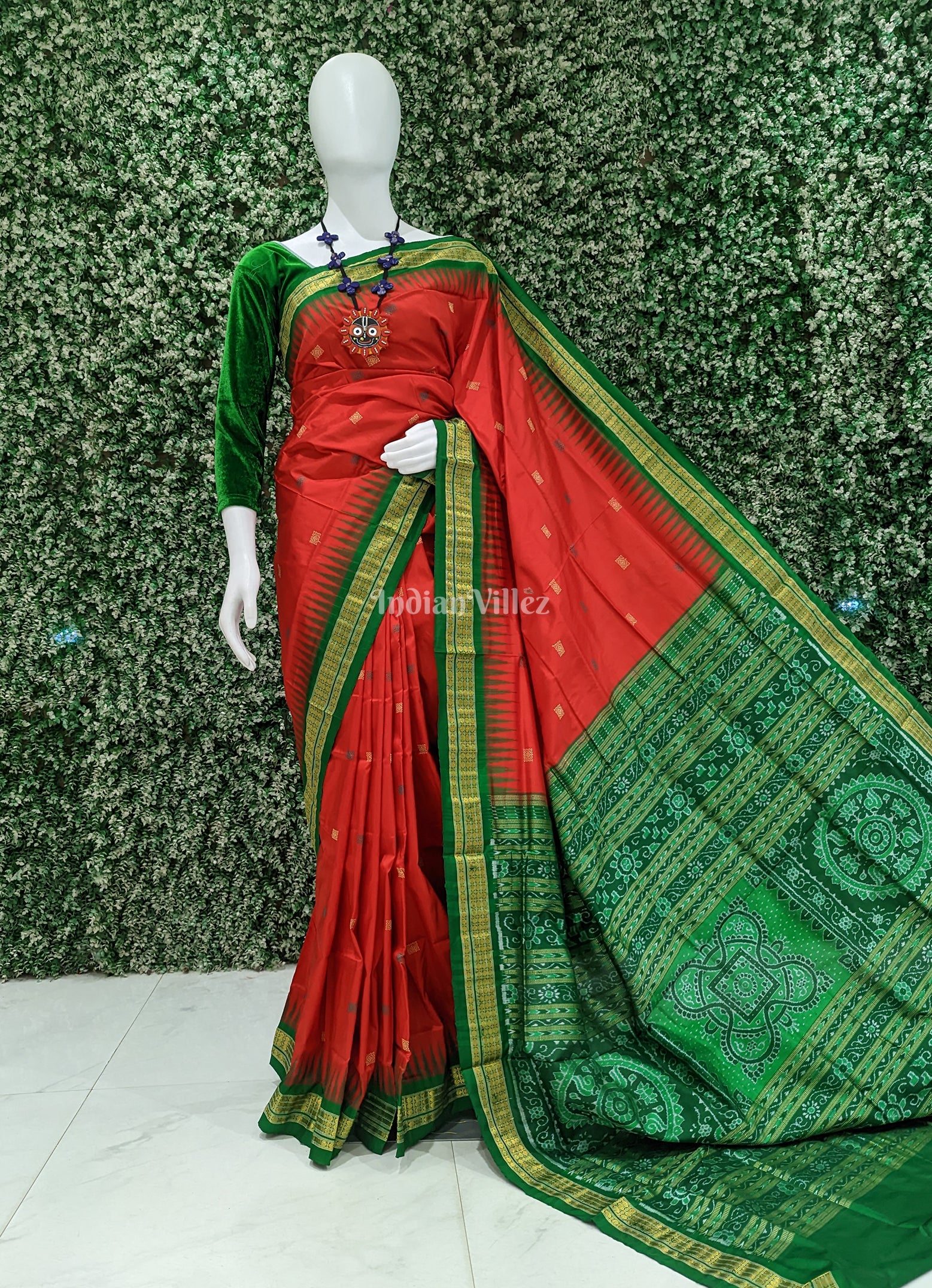 Red Green Bomkai With Tissue Border Odisha Ikat Silk Saree