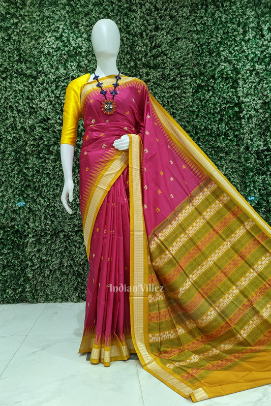 Rani Color Laxmi Pada Flower Motif Bomkai Sambalpuri Silk Saree