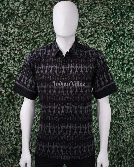 Black Odisha Ikat Cotton Half Sleeve Shirt for Men