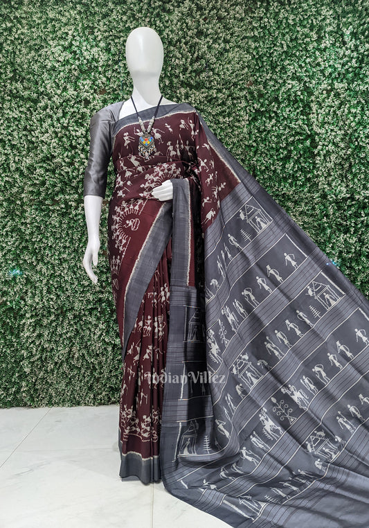 Coffee with Cement Gray Tribal Theme Ikat Contemporary Silk Saree