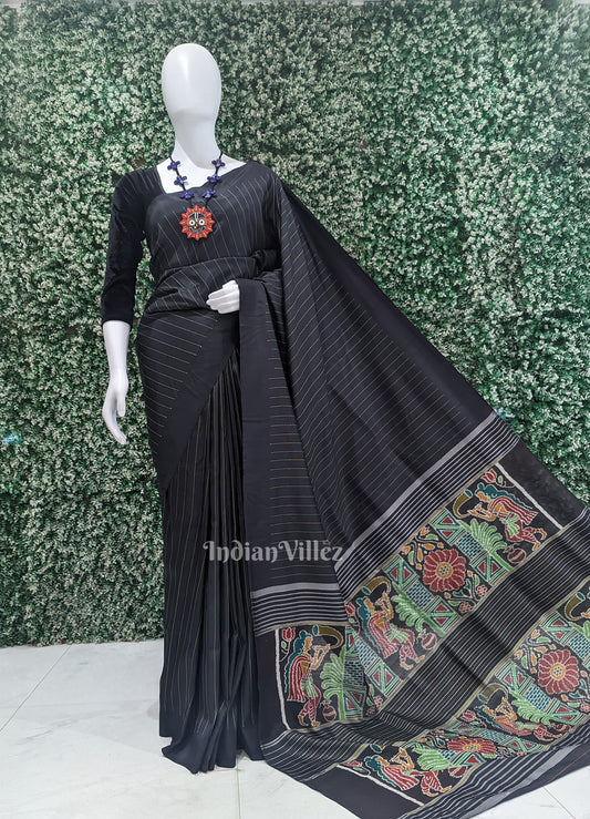 Black Odisha Ikat Contemporary Designer Saree with Marriage Pallu