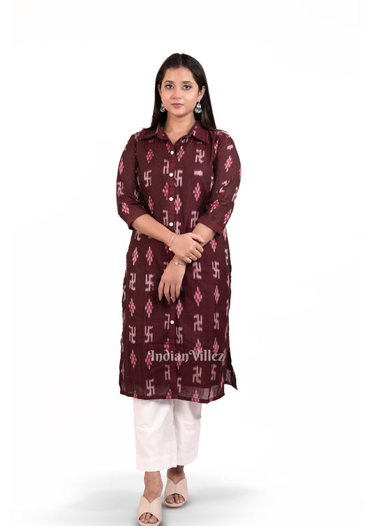 Deep Maroon Sambalpuri Odisha Ikat Designer Cotton Kurti for Women 