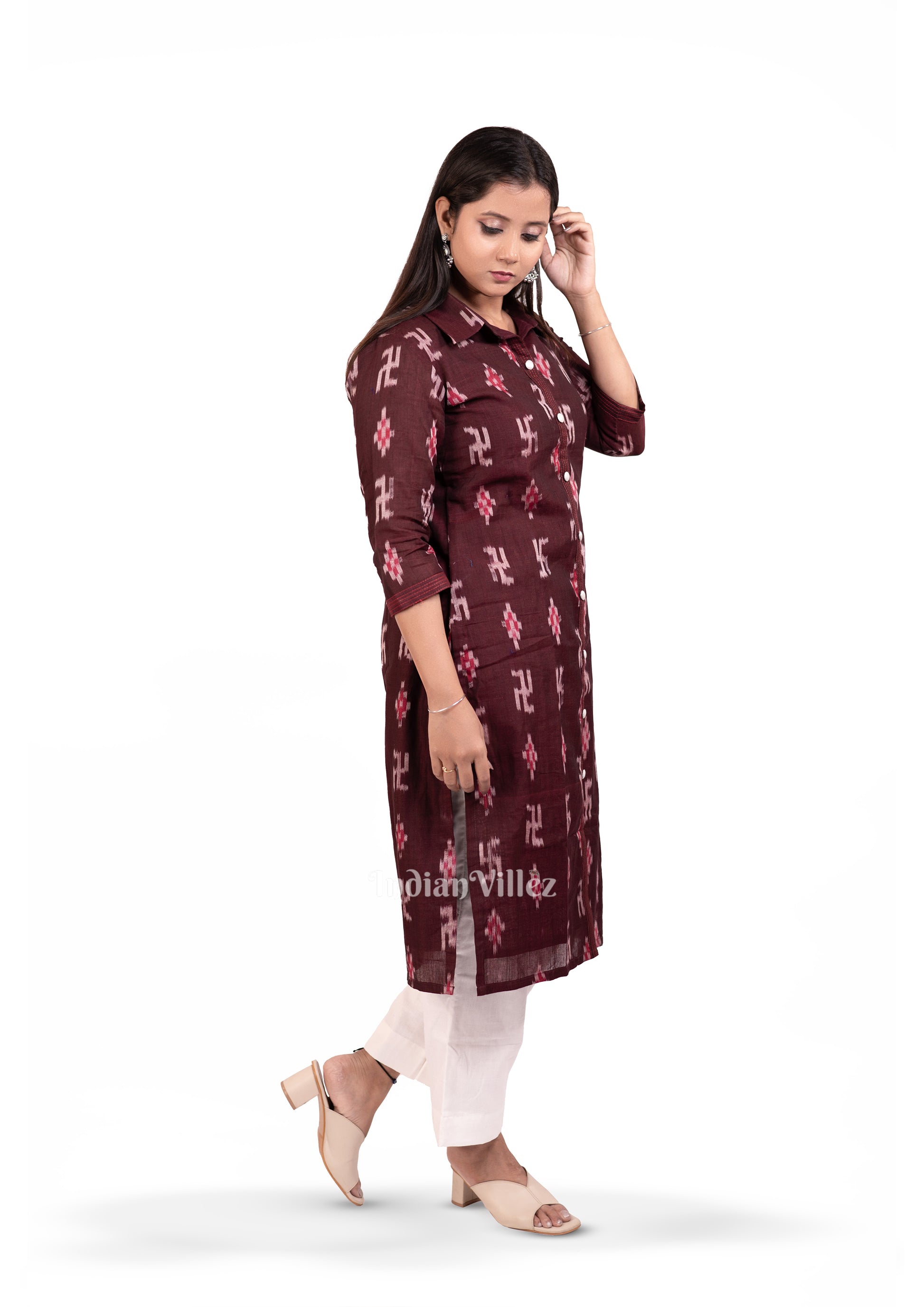 Deep Maroon Sambalpuri Odisha Ikat Designer Cotton Kurti for Women 