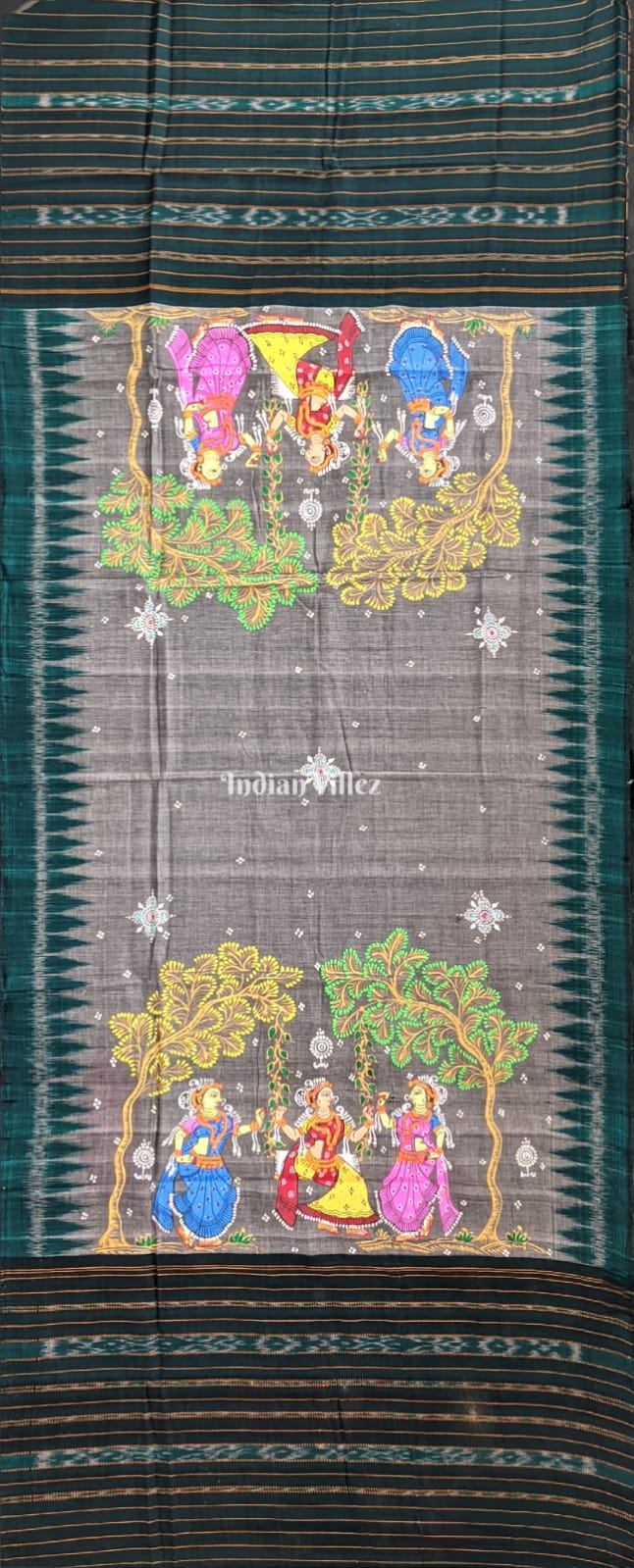 Gray Bottle Green Raja Theme Cotton Pattachitra Dupatta