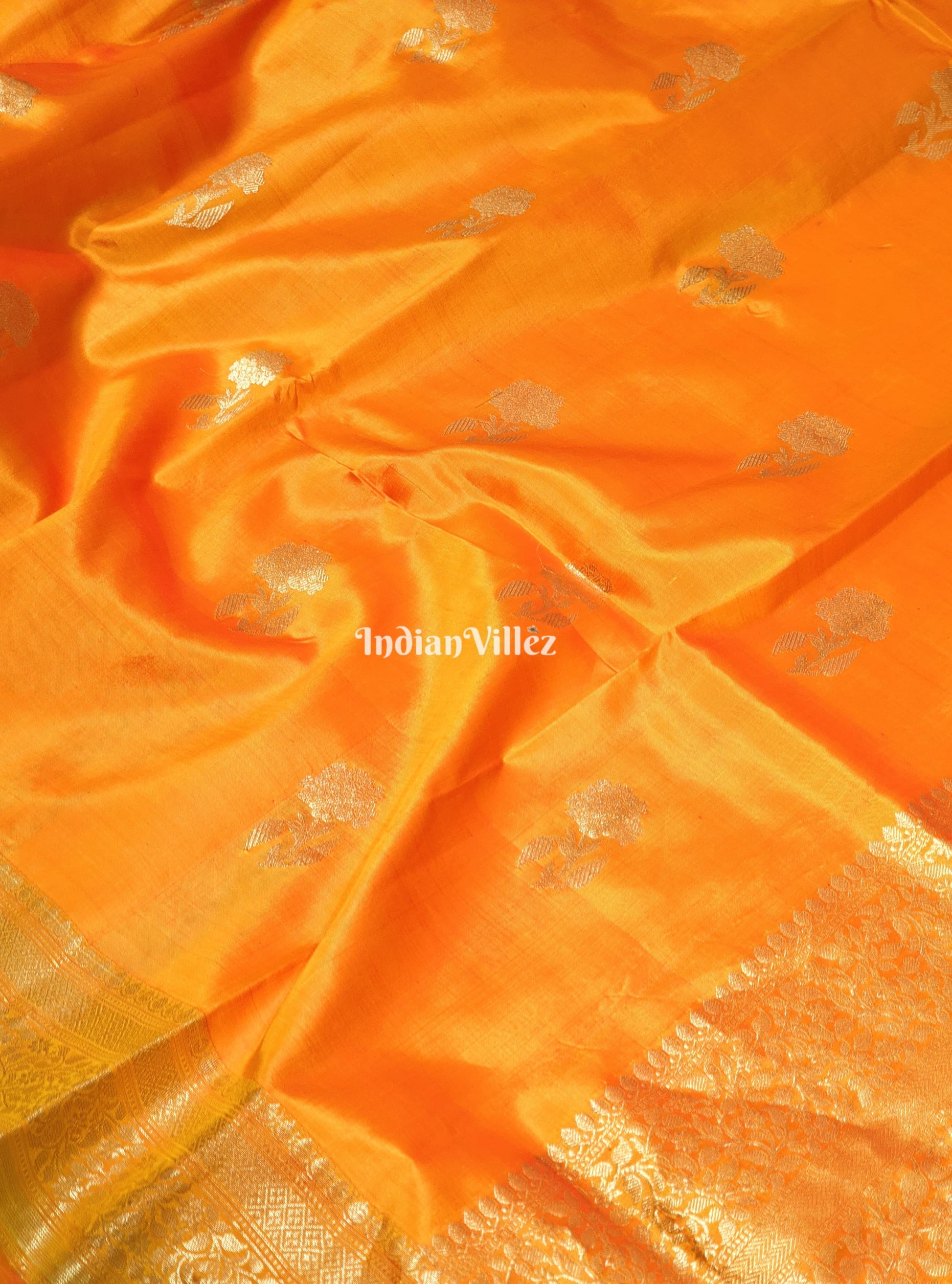 Orange Flower Motif Designer Pure Banarasi Katan Silk Saree