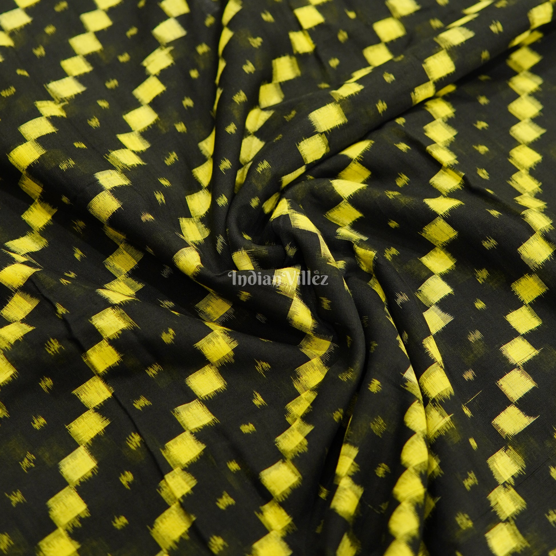 Black Yellow Tipa Design Sambalpuri Ikat Cotton Fabric