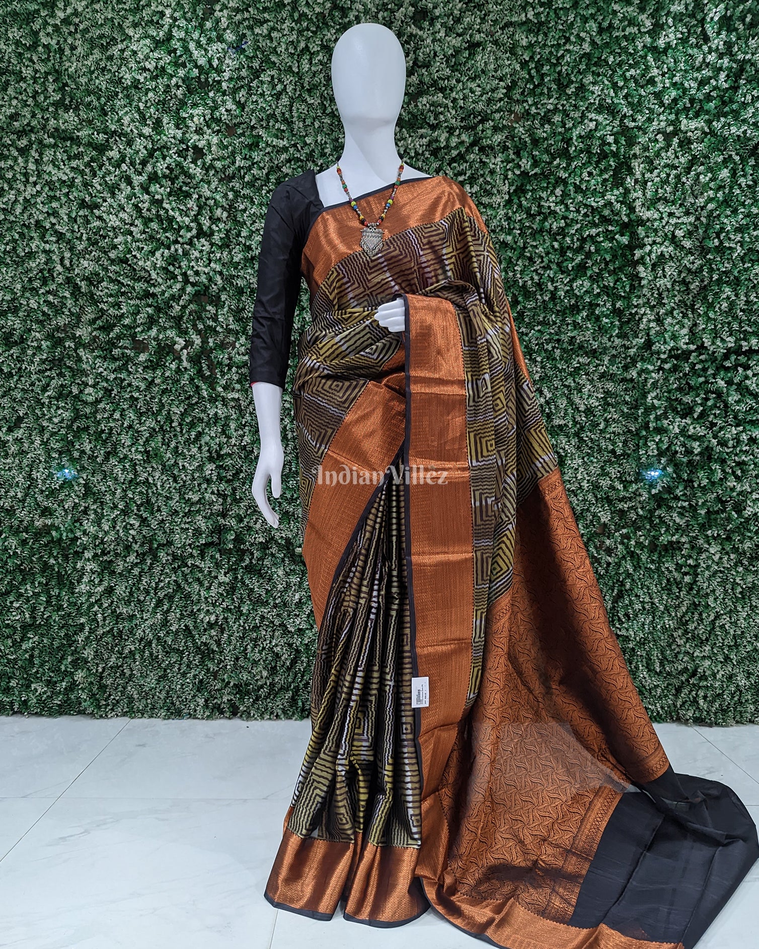 Golden Brown 3D Digital Print Kanjivaram Silk Saree 